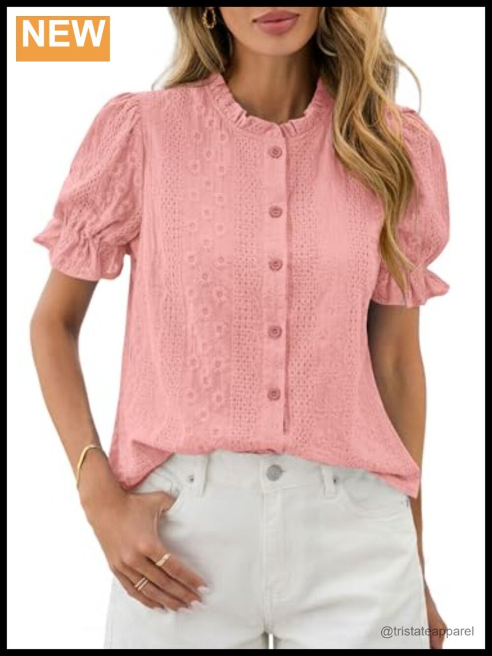Women's Embroidery Puff Sleeve Cotton Button-Up Blouse Boho Top